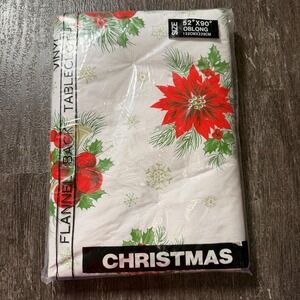 Christmas Tablecloth Unisex 52x90 White Red Green Poinsettia Vinyl Flannel Back